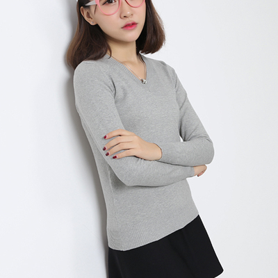 2016韩版新款秋季V领套头薄款针织上衣女长袖修身毛衣纯棉打底衫