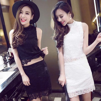 2017夏季新款韩版时尚性感露脐蕾丝修身显瘦两件套装女夜店连衣裙