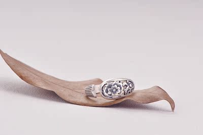 小鱼戒指情侣990纯银饰品 原创手工镂空雕刻牡丹花复古开口银指环