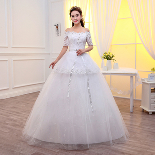 韩式2016新款齐地蕾丝长拖尾婚纱礼服新娘结婚一字肩中袖孕妇婚纱