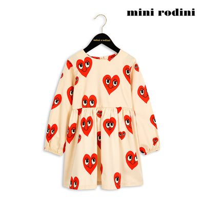 Mini Rodini aw16 害羞的红色桃心女童长袖连衣裙/ 宝宝百褶裙子