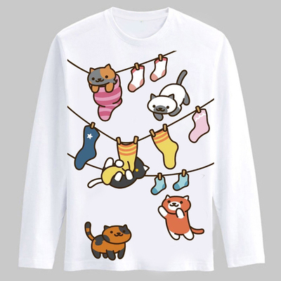 猫咪后院 动漫周边长袖T恤衣服可爱吃货喵咪 二次元猫咪男女衣服