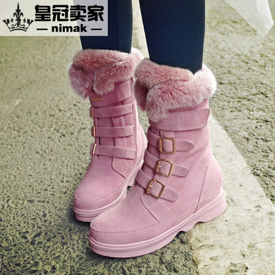 冬季女棉鞋欧美新款圆头厚底内增高中筒靴兔毛靴子真皮雪地靴粉色