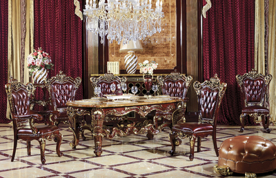 欧式实木餐桌 法式椭圆形餐厅餐台 大理石一桌六椅吃饭桌真皮餐椅