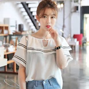 韩国东大门正品代购2016夏季新款女装荷叶领短袖衬衫百搭上衣