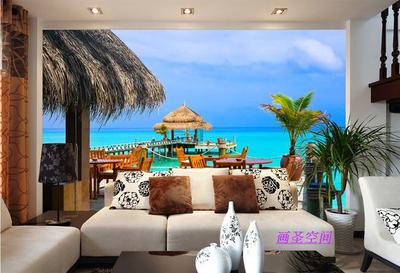 蓝天白云海景海滩5D马尔代夫电视背景墙纸客厅卧室无缝壁画墙布