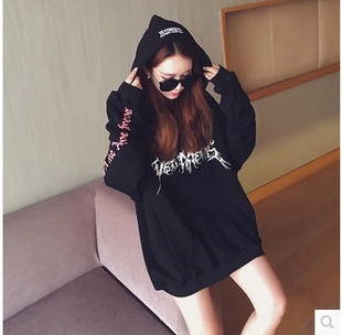 2016新款女韩版潮蝙蝠袖连帽印花学生中长款宽松套头加绒加厚卫衣