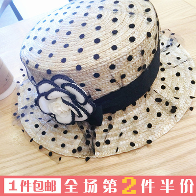 韩国时尚甜美优雅草帽度假沙滩帽点纱花朵遮阳帽子女士大沿防晒帽