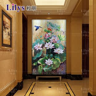 中式荷花鸟瓷砖玻璃马赛克拼图客厅电视背景墙艺术装饰画玄关墙