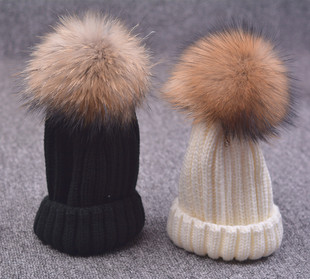 秋冬季男女宝宝貉子毛球针织毛线帽加厚针织帽1-2-4-6-8岁套头帽
