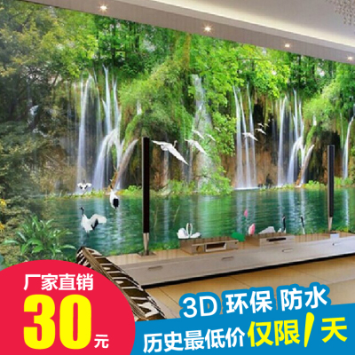 3D个性大型壁画 中式客厅沙发电视背景墙纸山水风景白鹤莲花壁纸