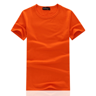 男士t恤短袖桔色橙色橘红色橘色亮色纯色男T恤体恤 圆领修身上衣