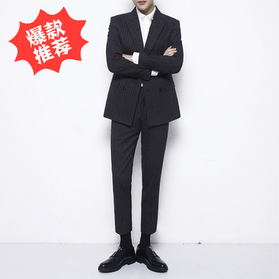 韩国东大门春季韩版修身双排扣西装套装男士休闲正装英伦单条长裤