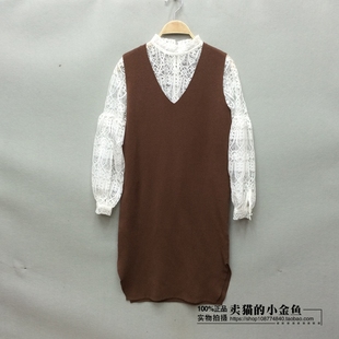 小狐仙xiaohuxian 韩版两件套无袖针织背心+长袖蕾丝衫显瘦连衣裙