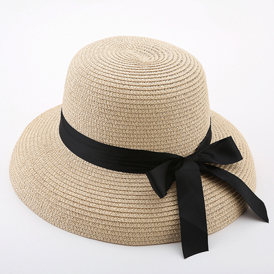 韩版女夏天草帽遮阳帽出游逛街沙滩帽卷边蝴蝶结海边防嗮太阳帽