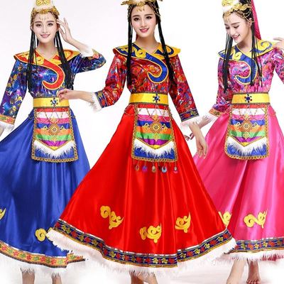 藏族舞蹈演出服装女长款水袖大摆裙少数民族成人西藏广场舞表演服