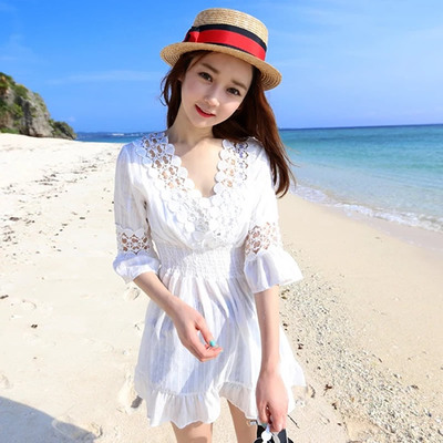 比基尼海边度假新款沙滩裙海滩裙白色显瘦连衣裙泳衣罩衫女中长款