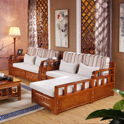 全实木沙发水曲柳现代中式转角贵妃储物冬夏两用客厅实木家具套装