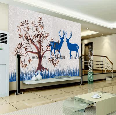 电视背景墙纸欧式复古卧室客厅5D壁画壁纸墙布蓝色森林麋鹿沙发墙