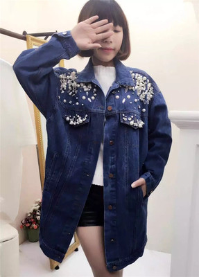 2016年韩版秋季钉珠重工业亮闪甜美女士中长款牛仔外套
