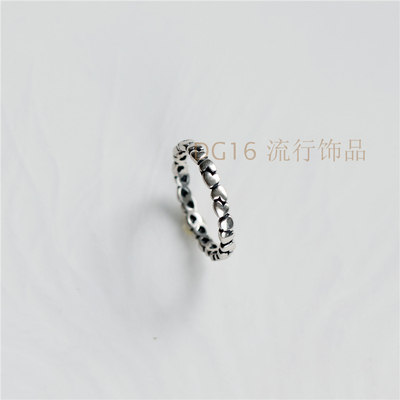 韩版欧美大牌经典设计风格s925纯银做旧连环桃心百搭戒指指环
