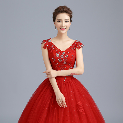 婚纱礼服2016新款红色一字肩齐地婚纱韩版修身绑带婚纱新娘结婚女