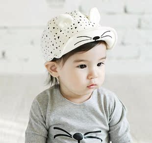 2016年新款春秋新款绣花小猫咪儿童软沿棒球帽子婴儿可爱鸭舌帽子