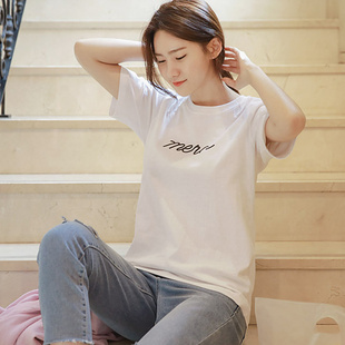夏装新款女装韩版宽松短袖t恤字母印花休闲体恤纯棉圆领白色上衣
