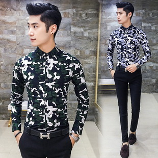 韩风潮 修身韩版 型男款男士长袖衬衣 纯棉休闲衬衫 军绿个性迷彩