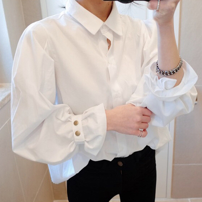 2016春季韩国新品纯棉宽松长袖衬衫女装OL泡泡袖复古休闲白衬衣潮
