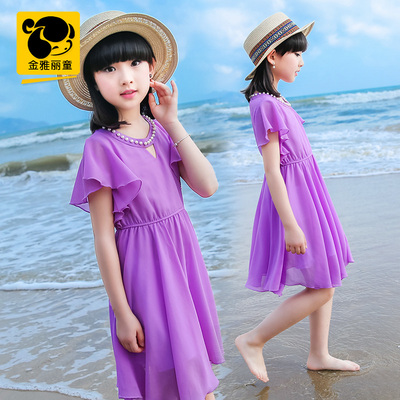 女童装2017夏装新款粉色紫色玫红色时尚短袖薄款沙滩雪纺连衣裙潮