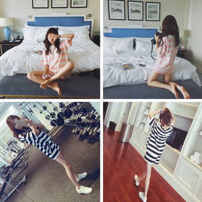韩版夏季薄款少女闺蜜睡衣套装 加大码宽松纯棉牛奶丝短袖家居服