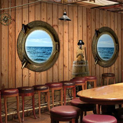 海盗船主题餐厅壁纸 复古黑白木板木制船舱3d壁画咖啡厅酒吧墙纸