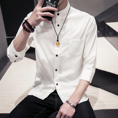 棉麻衬衫男短袖青少年亚麻男士白衬衣韩版修身七分袖秋季寸衫潮流