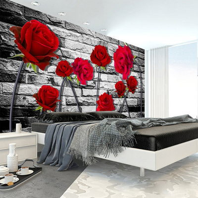 3D立体简约温馨红玫瑰砖墙无纺布墙纸客厅沙发卧室床头背景墙壁纸