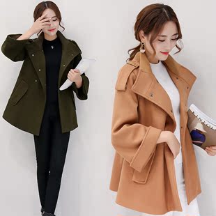 2016韩版秋冬新款斗篷型毛呢外套女中长款加厚喇叭袖妮子外套