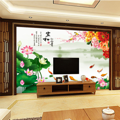 现代中式水墨荷花牡丹客厅电视背景墙壁纸无纺布墙纸3D立体壁画