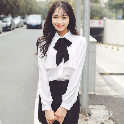 春季新款女装韩版时尚甜纯色拼接衬衫雪纺衫
