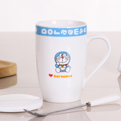 【天天特价】哆啦A梦机器猫卡通动漫儿童学生陶瓷杯子带盖勺骨瓷