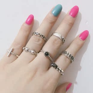 s925纯银复古戒指男女日韩版潮人夸张开口链条可调节食指指环女