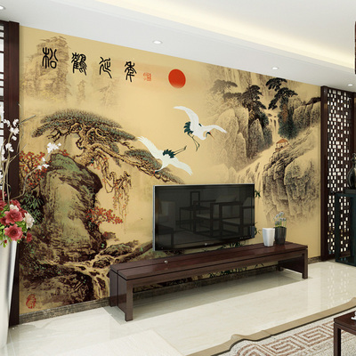 中式大型壁画3d立体墙纸电视背景墙壁纸客厅沙发影视墙 松鹤延年