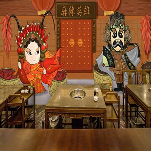 麻辣小吃主题中式餐厅火锅烤鱼店墙纸个性手绘饮食文化川菜馆壁纸