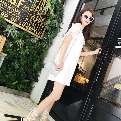 张佐佐2017夏装新款甜美气质白色显瘦镂空荷叶边蕾丝雪纺连衣裙女