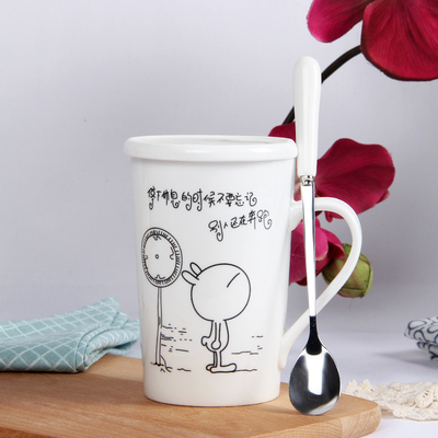 兔斯基创意大容量陶瓷勺办公咖啡牛奶茶情侣动漫可爱学生带盖勺杯