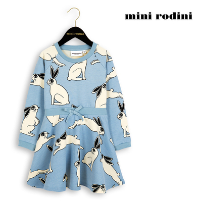 Mini Rodini aw16春秋女童浅蓝小兔子长袖连衣裙/宝宝兔兔A字裙子