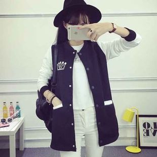 棒球服女中长款纯色加绒加厚韩版学生外套开衫夹克印花黑色上衣