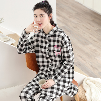 2016新款韩版黑色格子纯棉家居服可爱简约中长开衫睡衣女士套装
