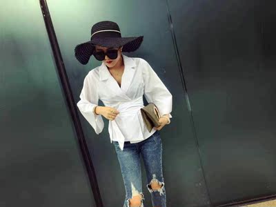 2016新款秋季时尚显瘦职业韩范女衬衫白色v领修身系带气质衬衣潮