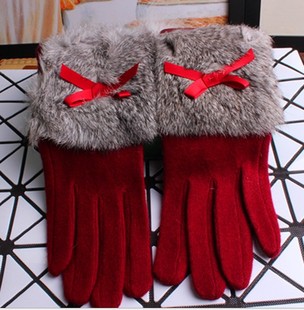 羊绒手套女秋冬可爱韩版蝴蝶结兔毛触屏女士保暖手套羊毛羊绒手套